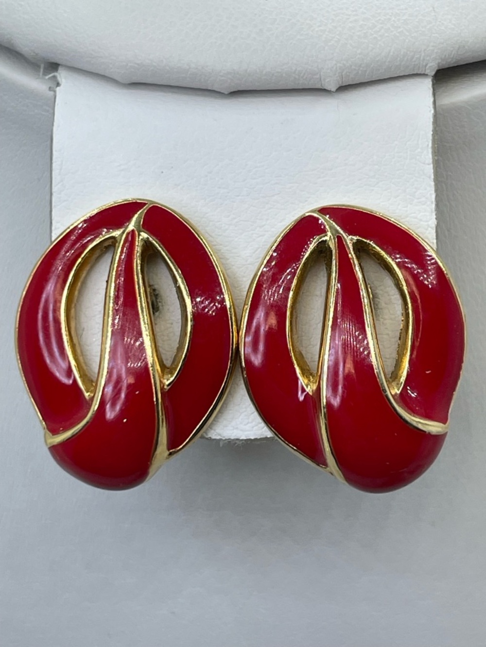 Vintage Monet Red Enamel Gold Tone Earrings Bold Retro Statement Post 80’s